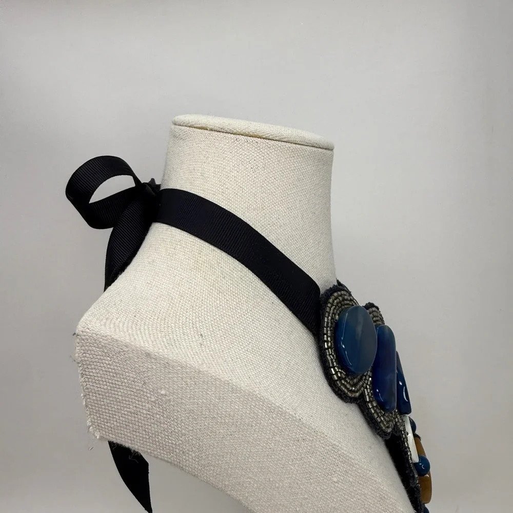 Statement Bib Necklace Blue White‎ Ochre Beaded Ribbon Tie Adjustable Collar